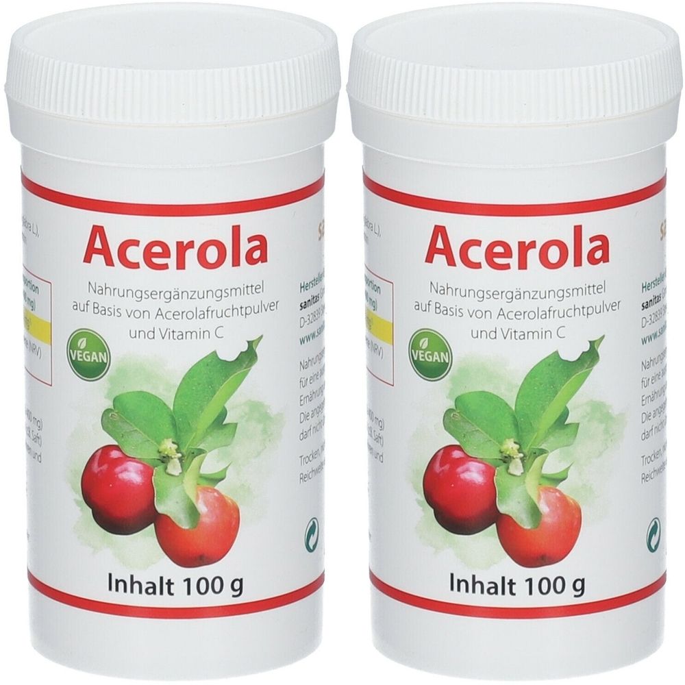 Zwei weiße Dosen mit roter Aufschrift "Acerola". Auf den Dosen sind Abbildungen von Acerola-Früchten und Blättern zu sehen. Aufschrift: "Inhalt 100 g".