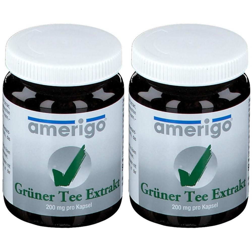 Zwei Flaschen mit weißem Deckel. Aufschrift: amerigo, Grüner Tee Extrakt, 200 mg pro Kapsel. Grünes Häkchen-Logo.