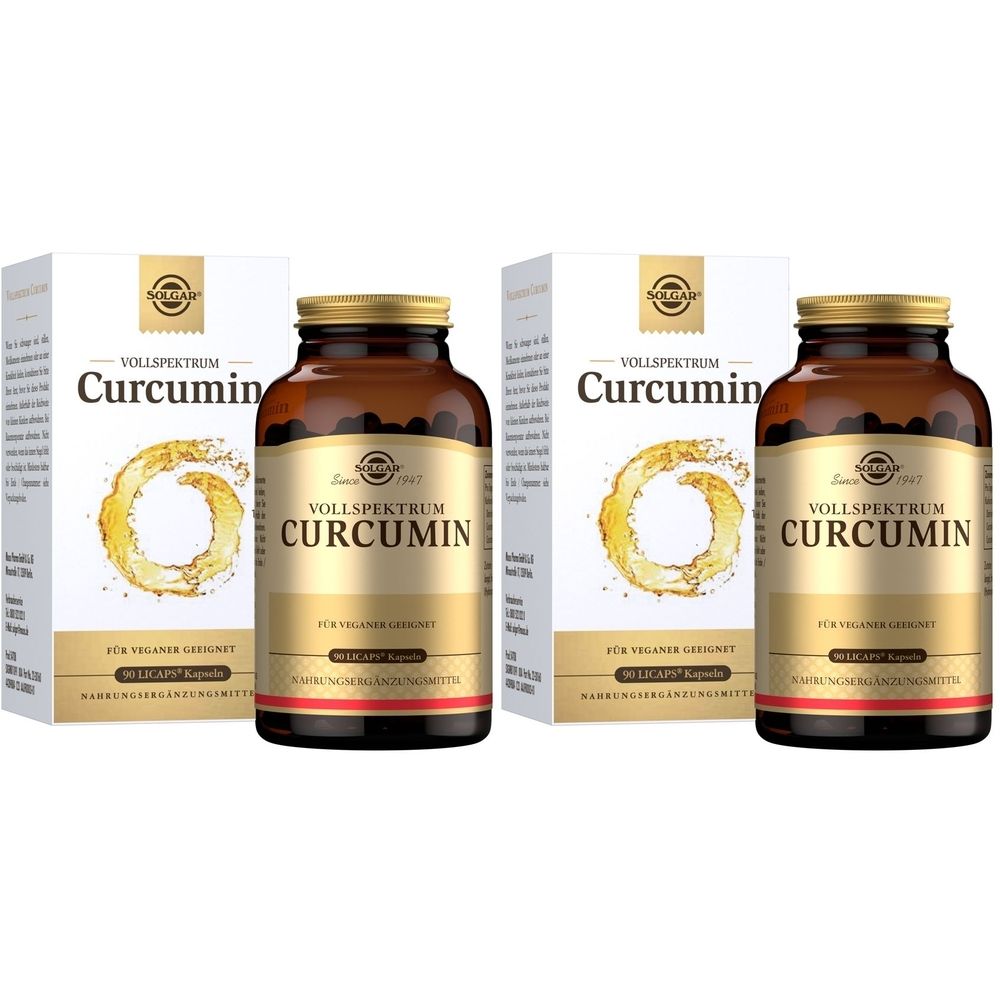 Mehrere Flaschen und Kartons mit dem Produkt Vollspektrum Curcumin. Braune Glasflaschen mit goldenen Deckeln und weiße Kartons.