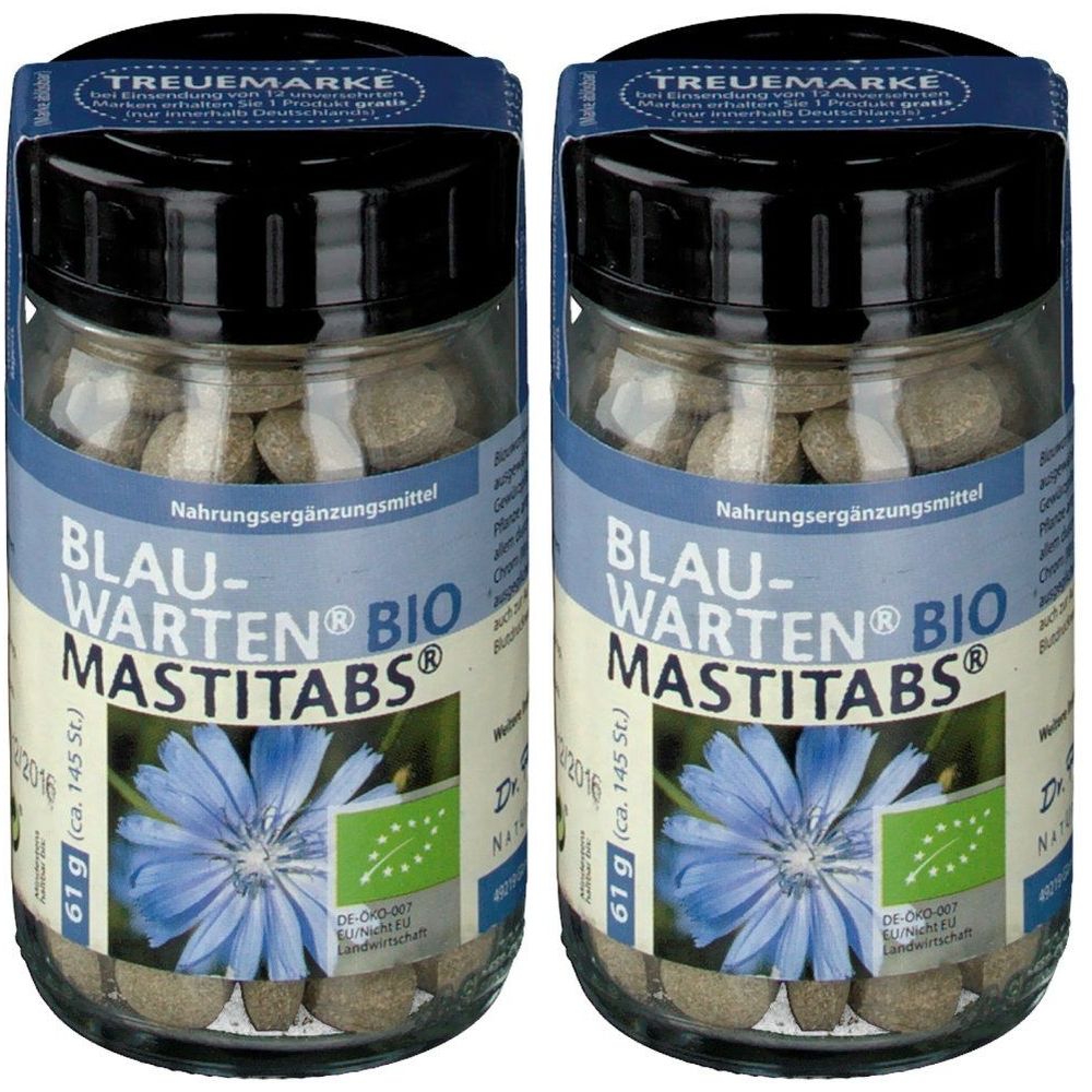 Zwei Gläser mit Tabletten. Aufschrift: BLAU-WARTEN BIO MASTITABS. Mit Bio-Siegel. Blaue und schwarze Deckel. Aufschrift: TREUEMARKE.