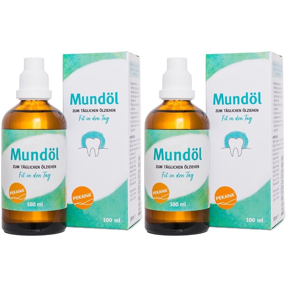 Zwei braune Glasflaschen mit weißem Verschluss und zwei Kartons. Aufschrift: Mundöl, PEKANA, 100 ml. Zahn-Symbol.