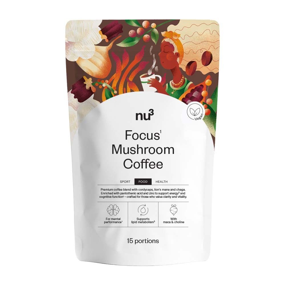 Beutel mit nu3 Focus Mushroom Coffee. Weiß mit Logo und Produktbezeichnung. Vegan-Siegel.