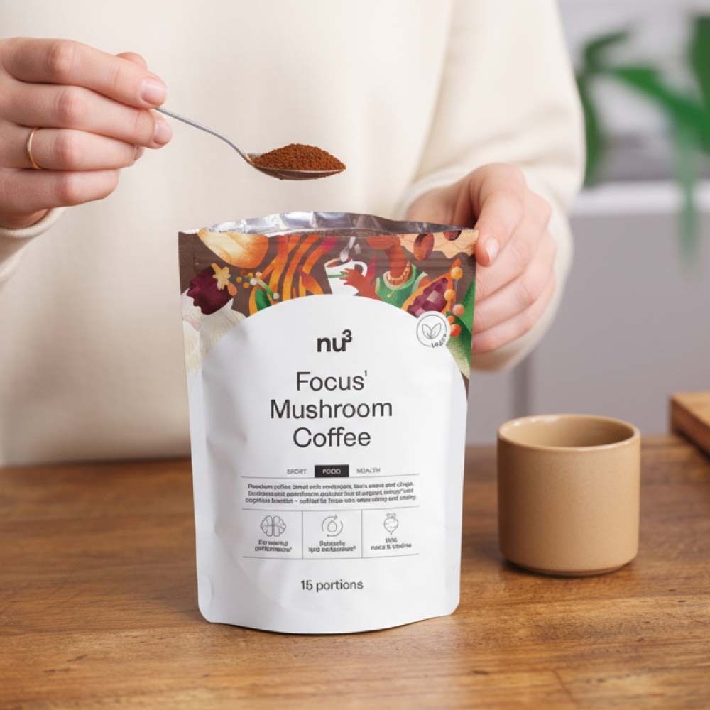Person hält Löffel mit Kaffeepulver über eine Tasse. Verpackung von nu3 Focus Mushroom Coffee.