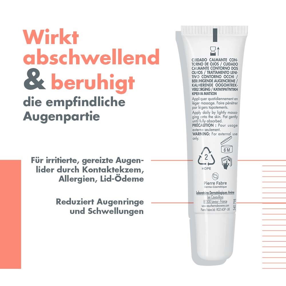 Rückseite der Augencreme-Tube. Text: Wirkt abschwellend & beruhigt die empfindliche Augenpartie. Anwendungshinweise.