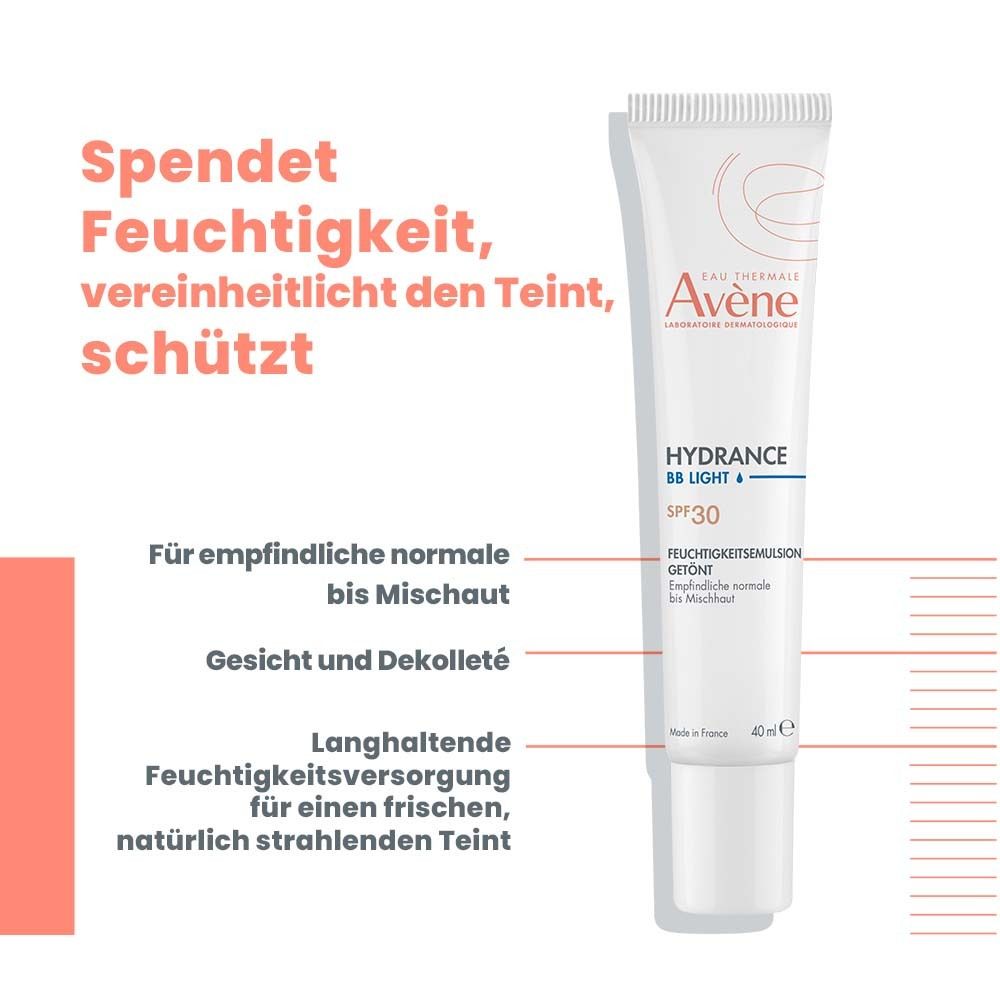 Weiße Tube Feuchtigkeitsemulsion getönt LSF 30, 40ml. Text: Spendet Feuchtigkeit, vereinheitlicht den Teint, schützt. Für empfindliche Haut.