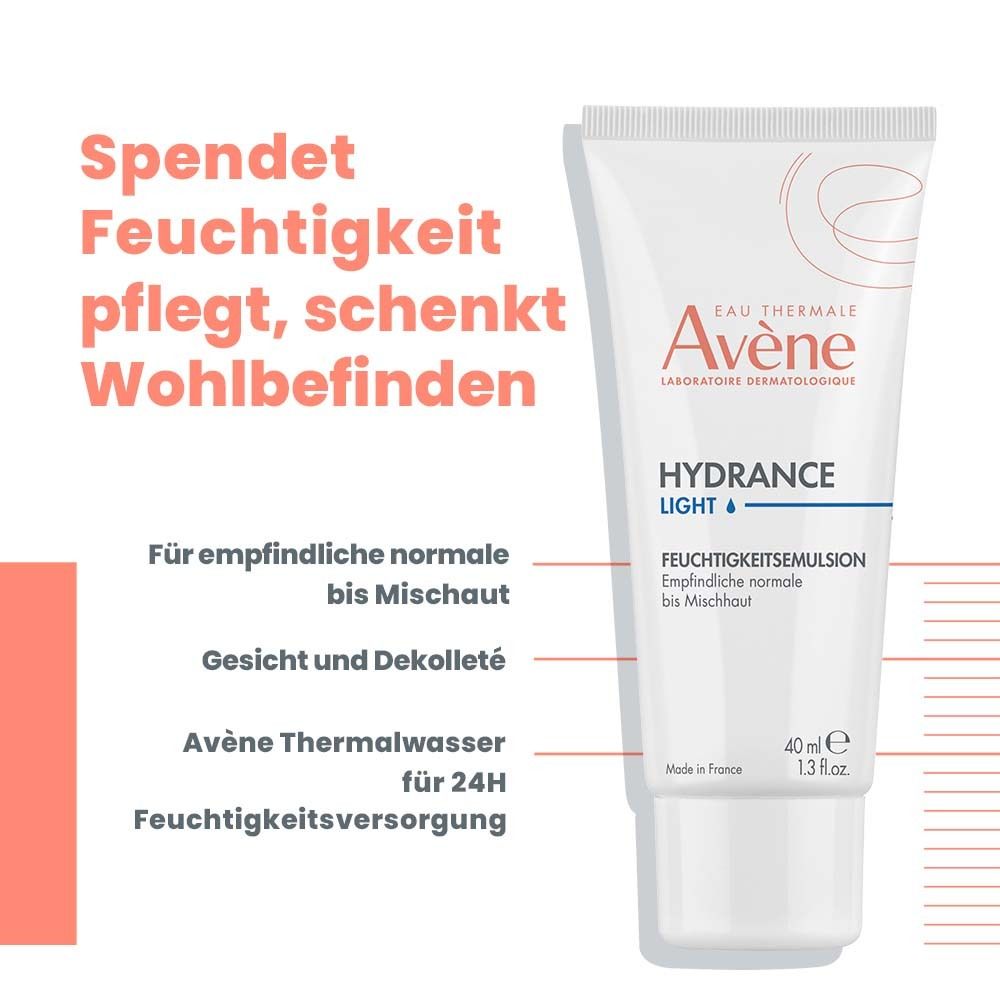 Tube "Hydrance Light", 40ml. Text: Spendet Feuchtigkeit, pflegt, schenkt Wohlbefinden. Für empfindliche normale bis Mischhaut.