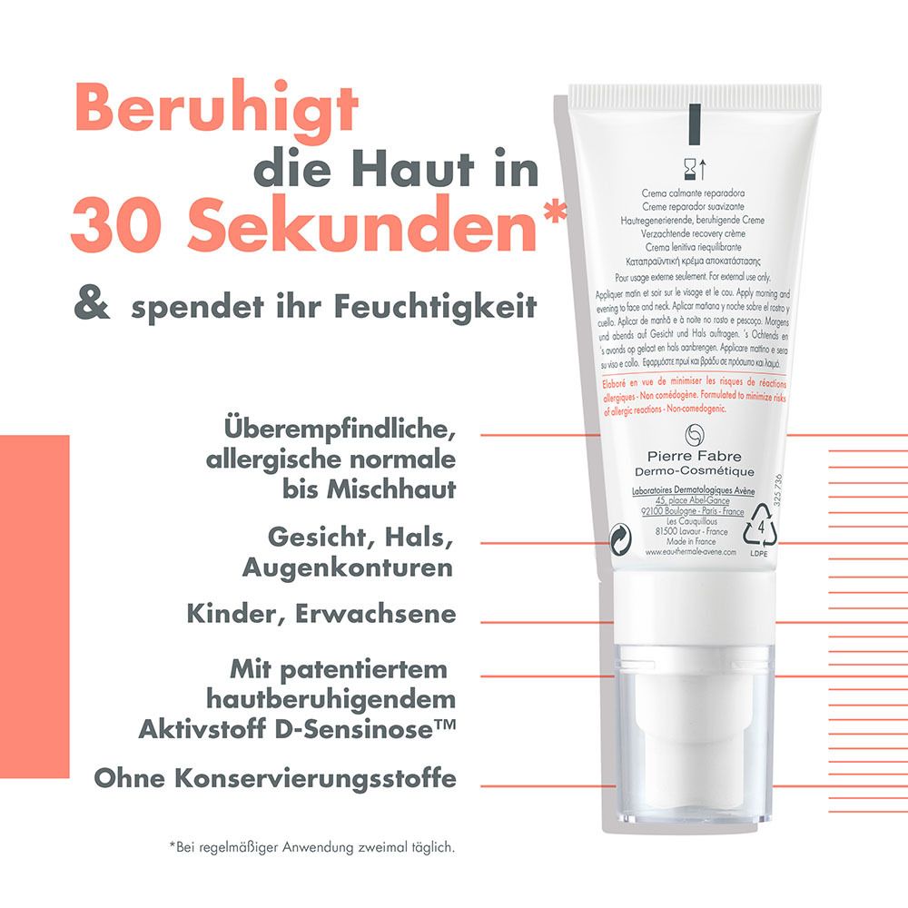 Rückseite der Avène Tolérance Control Creme. Text: Beruhigt die Haut in 30 Sekunden & spendet ihr Feuchtigkeit. Für überempfindliche Haut. Ohne Konservierungsstoffe.