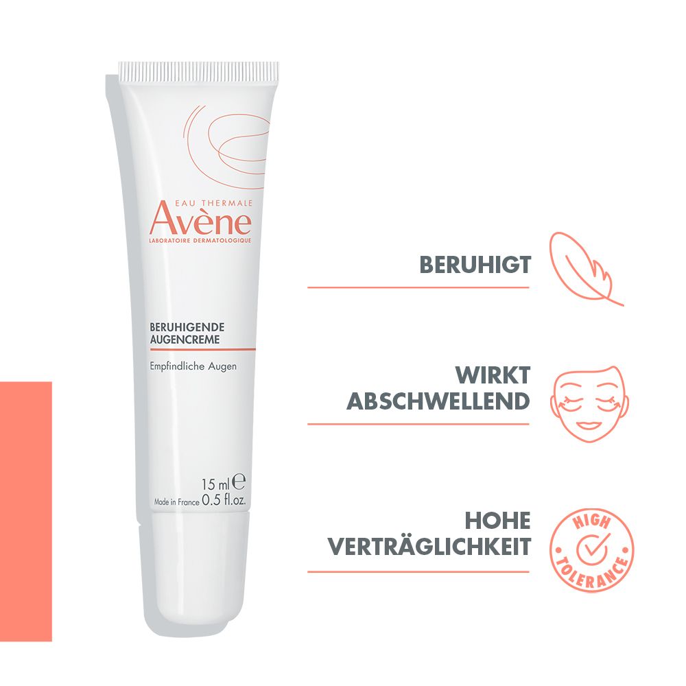 Weiße Tube Avène Augencreme, 15 ml. Text: Beruhigende Augencreme. Grafiken: Feder, Augen, Qualitätszeichen.