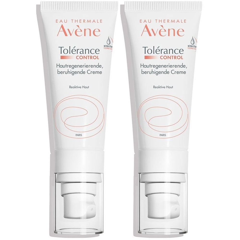 Zwei weiße Tuben mit roter und schwarzer Schrift. Aufschrift: Avène Tolérance Control Creme. Mit Spender.