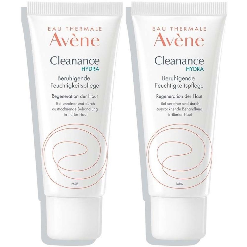 Zwei Tuben Avène Cleanance Hydra Feuchtigkeitspflege. Weiße Tuben mit blauer und roter Schrift. Produktname und Marke sichtbar.