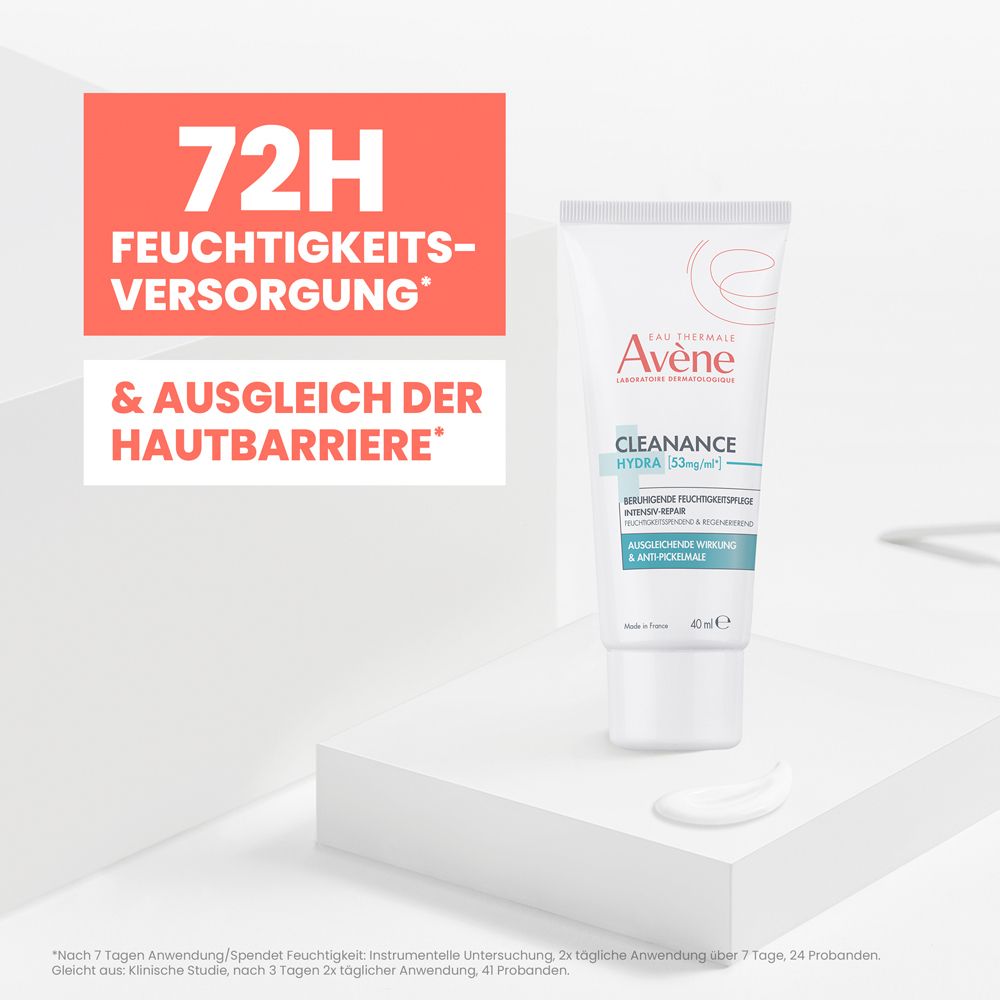 Weiße Tube mit Avene Cleanance Hydra Creme, 40ml. Text: 72H Feuchtigkeitsversorgung & Ausgleich der Hautbarriere.