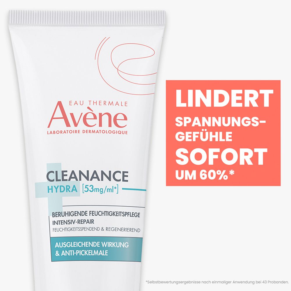 Avène Cleanance Hydra Tube mit rotem Kasten, der 'Lindert Spannungsgefühle sofort um 60%' anzeigt.