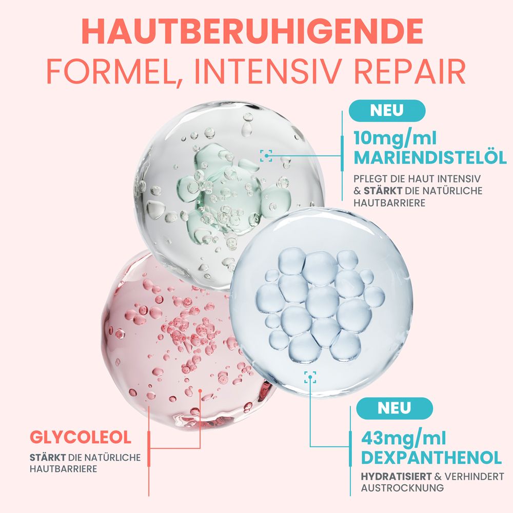 Drei Blasen mit Inhaltsstoffen: Mariendistelöl, Glykoleol und Dexpanthenol für Hautpflege.