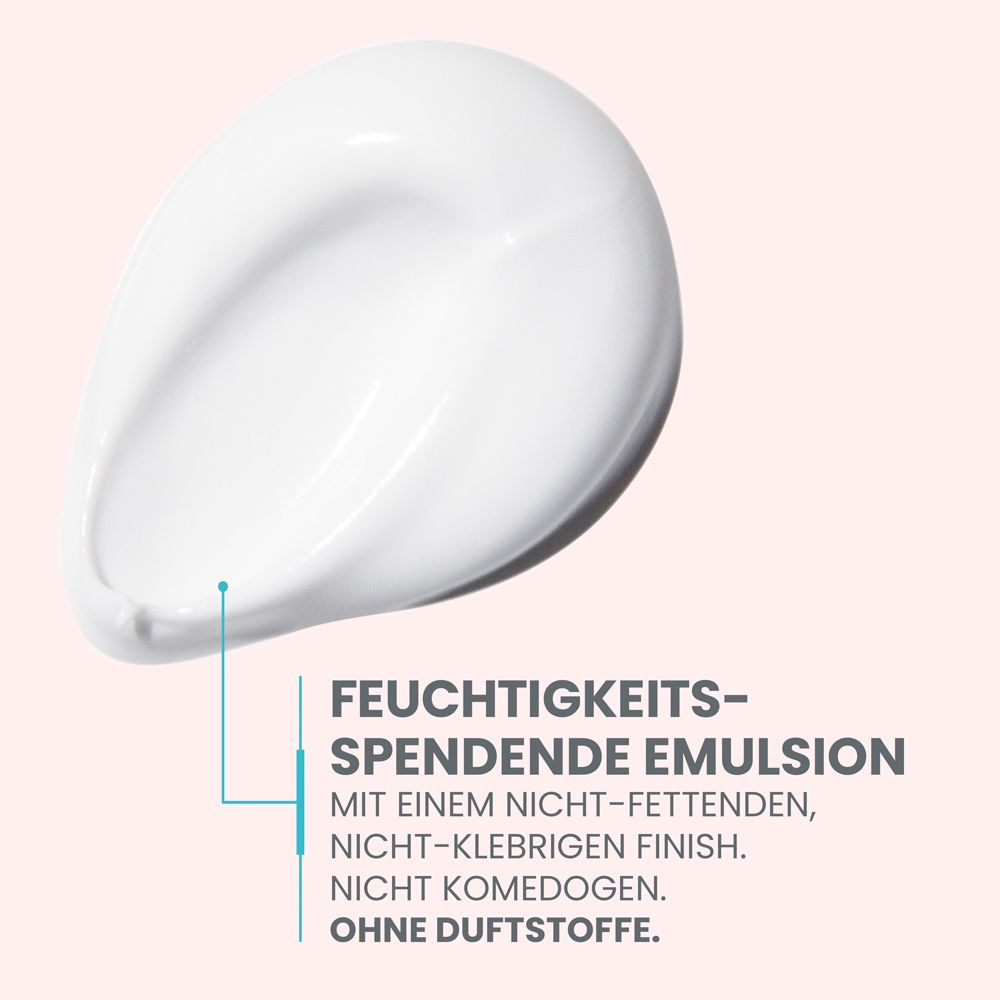 Weiße Emulsion mit nicht-fettendem Finish, nicht komedogen, ohne Duftstoffe.