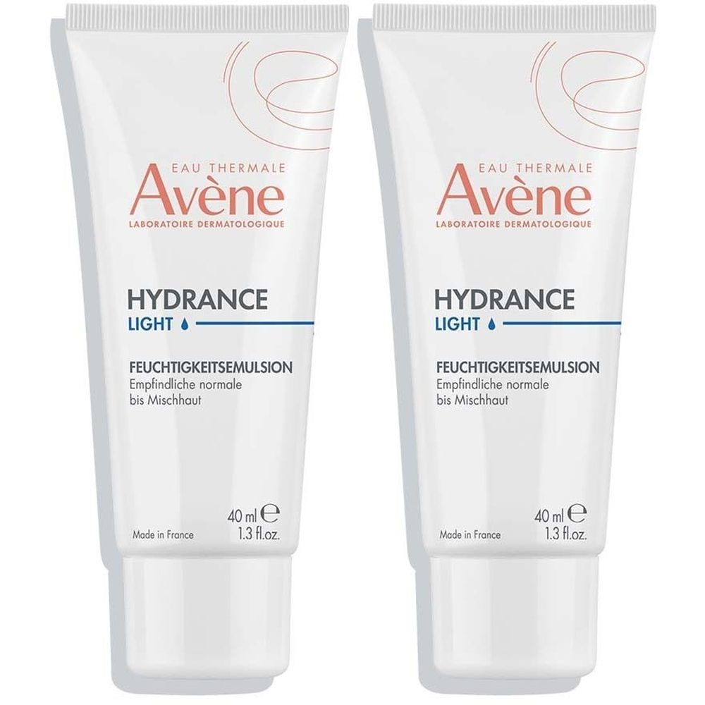Zwei weiße Tuben Avène Hydrance Light Feuchtigkeitsemulsion. Text und Logo auf den Tuben. 40 ml.