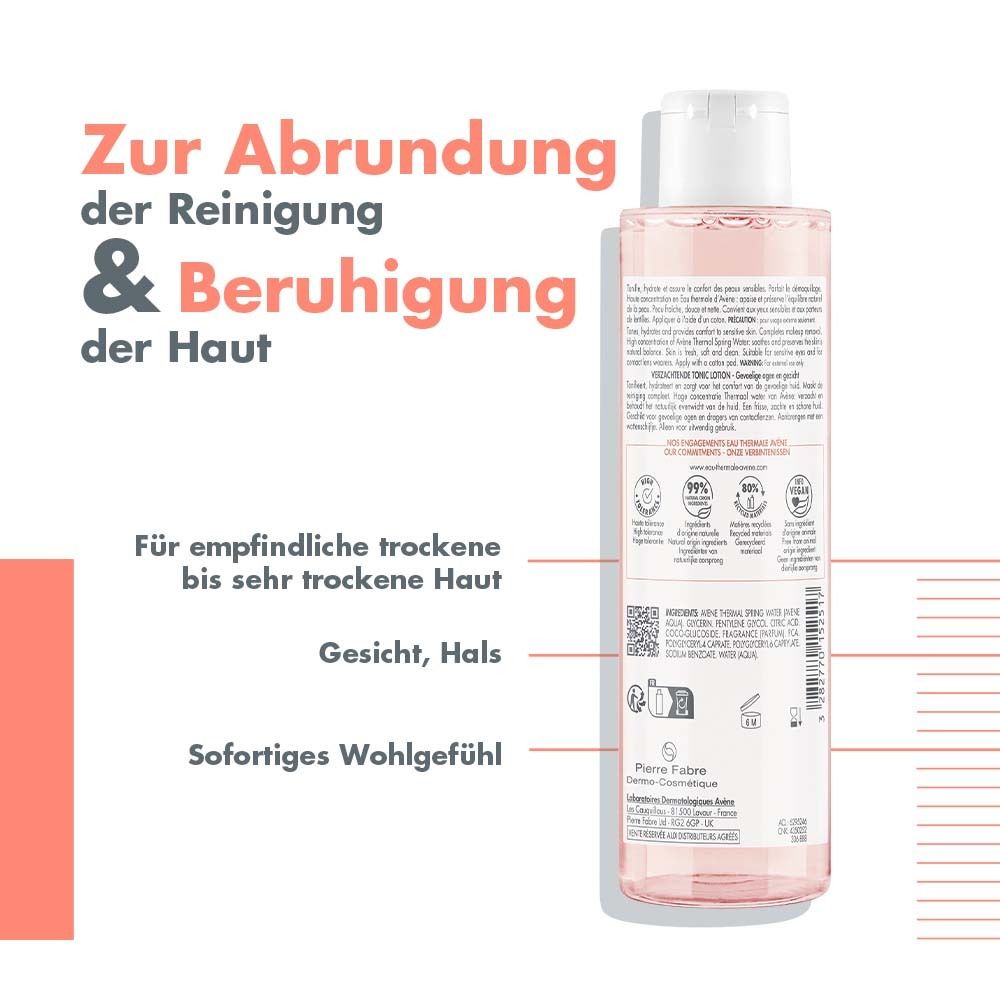 Rückseite einer Flasche Gesichtswasser. Text und Logos. Für empfindliche Haut. Produktinformationen und Zertifizierungen.