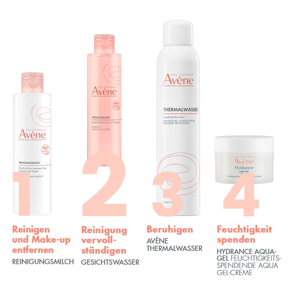 Vier Produkte: Reinigungsmilch, Gesichtswasser, Thermalwasser, Hydrance Aqua-Gel. Produktnamen und Markenlogos.