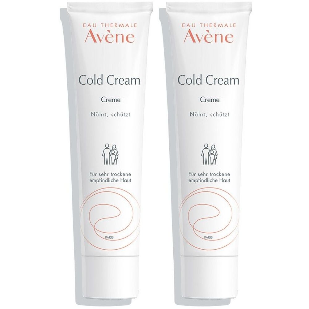 Zwei weiße Tuben mit Aufschrift "Avène Cold Cream". Text: "Nährt, schützt". Für sehr trockene, empfindliche Haut.