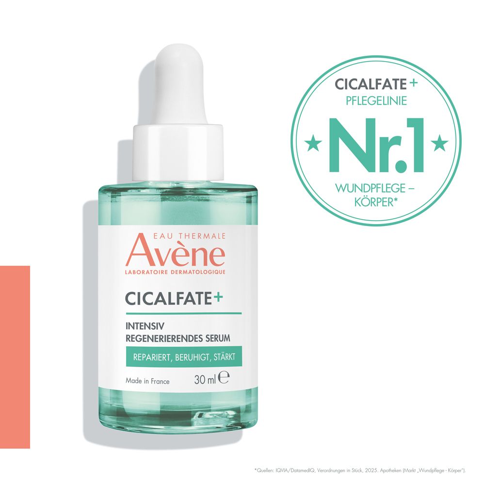 Avène Cicalfate+ Serum Flasche mit Auszeichnung 'Nr.1 Wundpflege'.