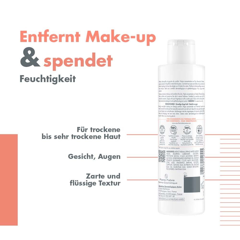 Rückseite einer weißen Flasche mit Klappverschluss. Text: Entfernt Make-up & spendet Feuchtigkeit. Für trockene bis sehr trockene Haut, Gesicht, Augen.