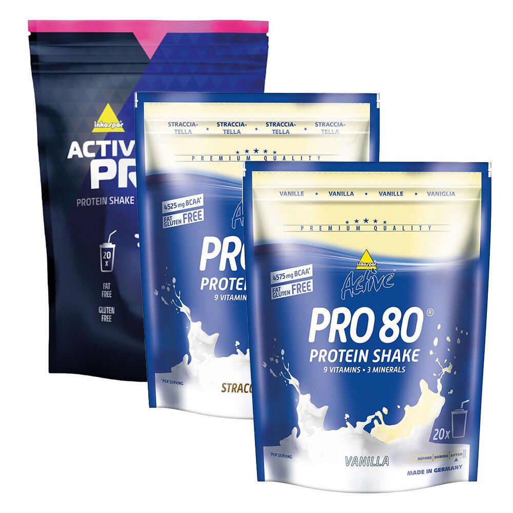 Inkospor Active Pro 80,Vanille, Himbeere-Joghurt, Stracciatella Pulver 3x500 g