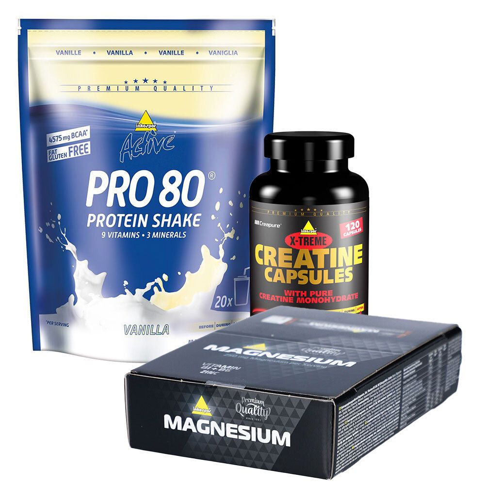 Drei Fitness-Nahrungsergänzungsmittel: Protein Shake, Creatin Kapseln und Magnesium. Verpackungen in Blau, Schwarz und Weiß. Text: PRO 80, X-TREME, Magnesium.