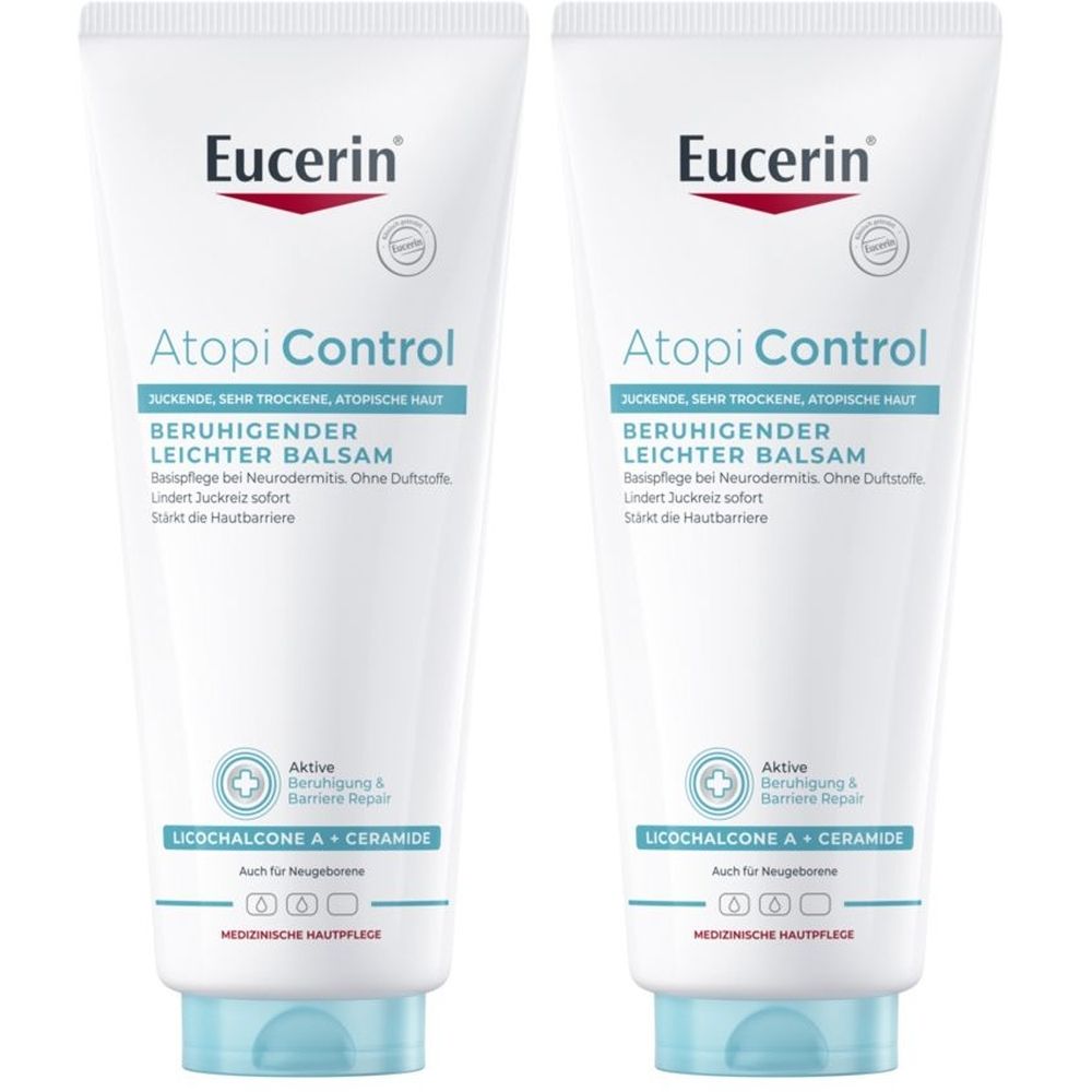 Zwei Tuben Eucerin AtopiControl Balsam. Weiße Tuben mit blauer und roter Schrift. Produktname und Logo deutlich sichtbar.