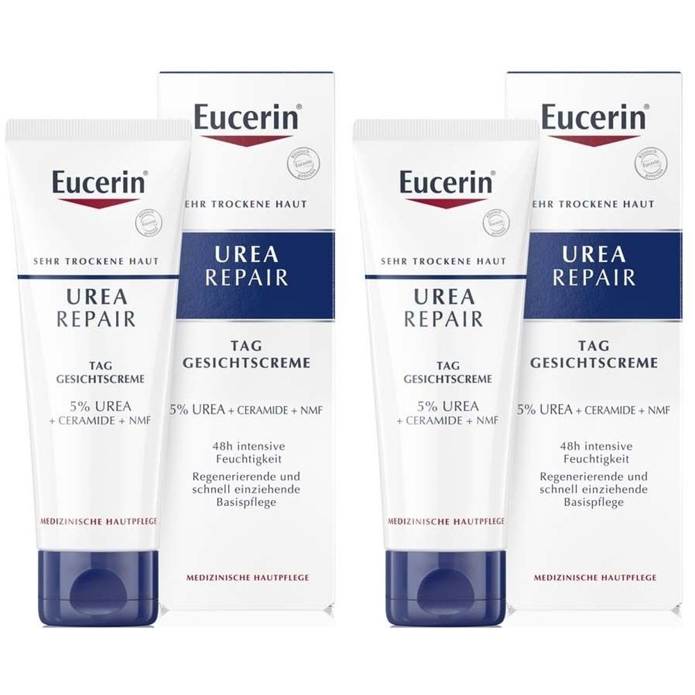 Zwei Tuben und zwei Kartons. Aufschrift: Eucerin Urea Repair Tag Gesichtscreme. 5% Urea + Ceramide + NMF. Medizinische Hautpflege.