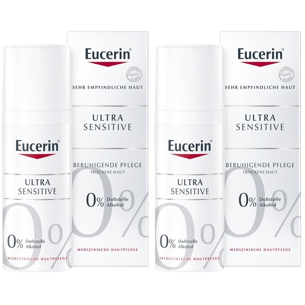 Mehrere weiße Flaschen mit Eucerin-Logo und Text. Aufschrift: Ultra Sensitive, beruhigende Pflege, 0% Duftstoffe, 0% Alkohol. Medizinische Hautpflege.