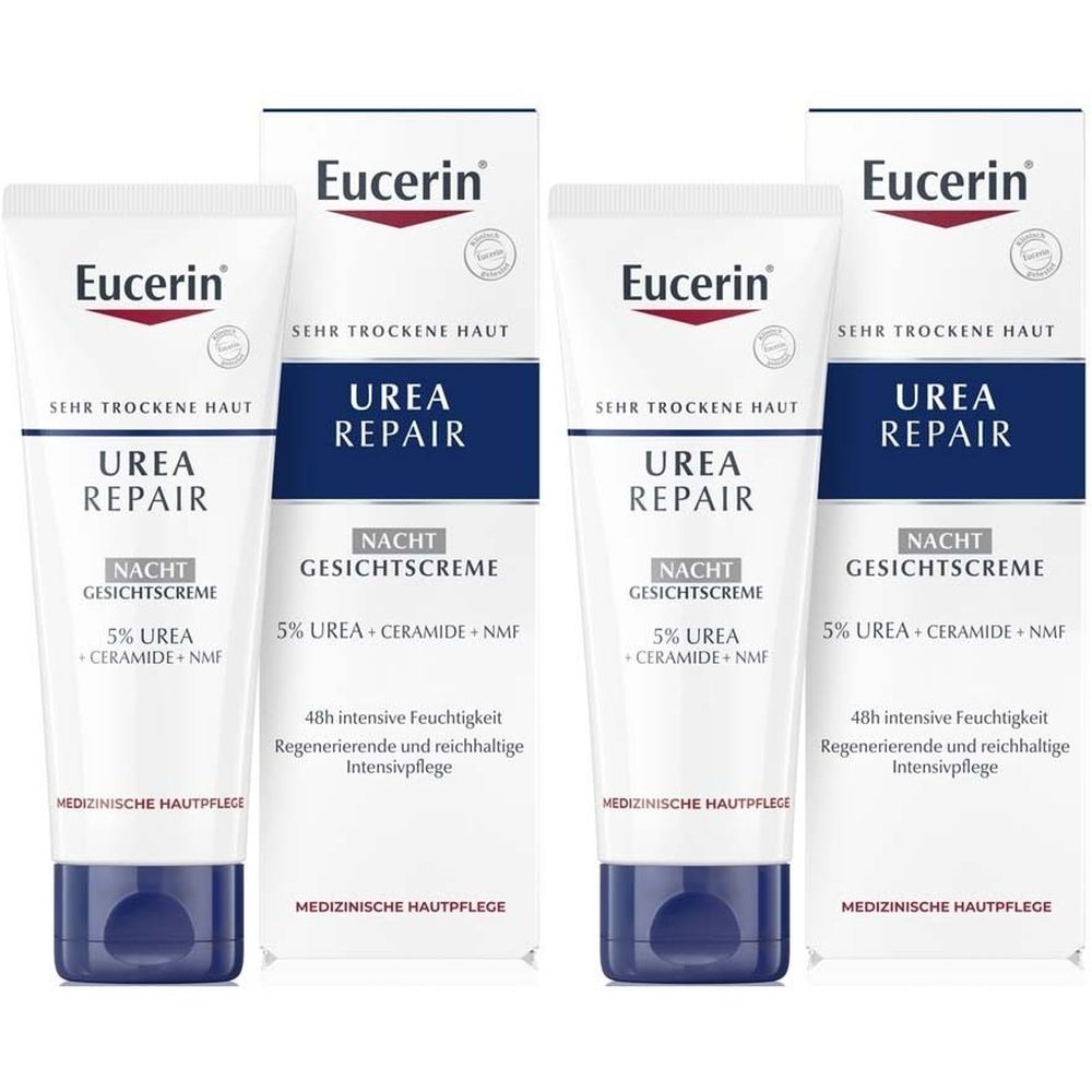Mehrere Tuben und Verpackungen. Aufschrift: Eucerin Urea Repair Nacht Gesichtscreme. Weiße Tuben mit blauer Schrift.