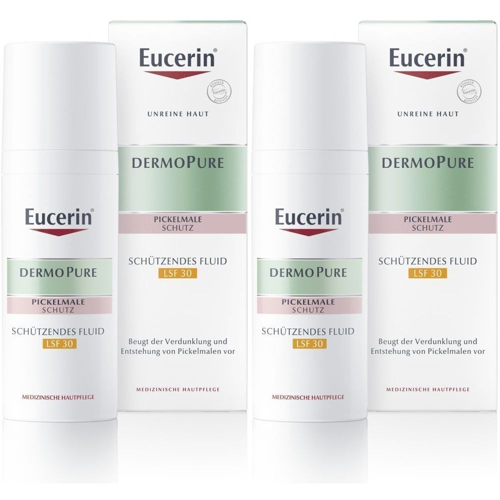 Mehrere Flaschen und Verpackungen von Eucerin DermoPure Schützendes Fluid LSF 30. Weiße Flaschen mit grünen und rosa Akzenten, Text.