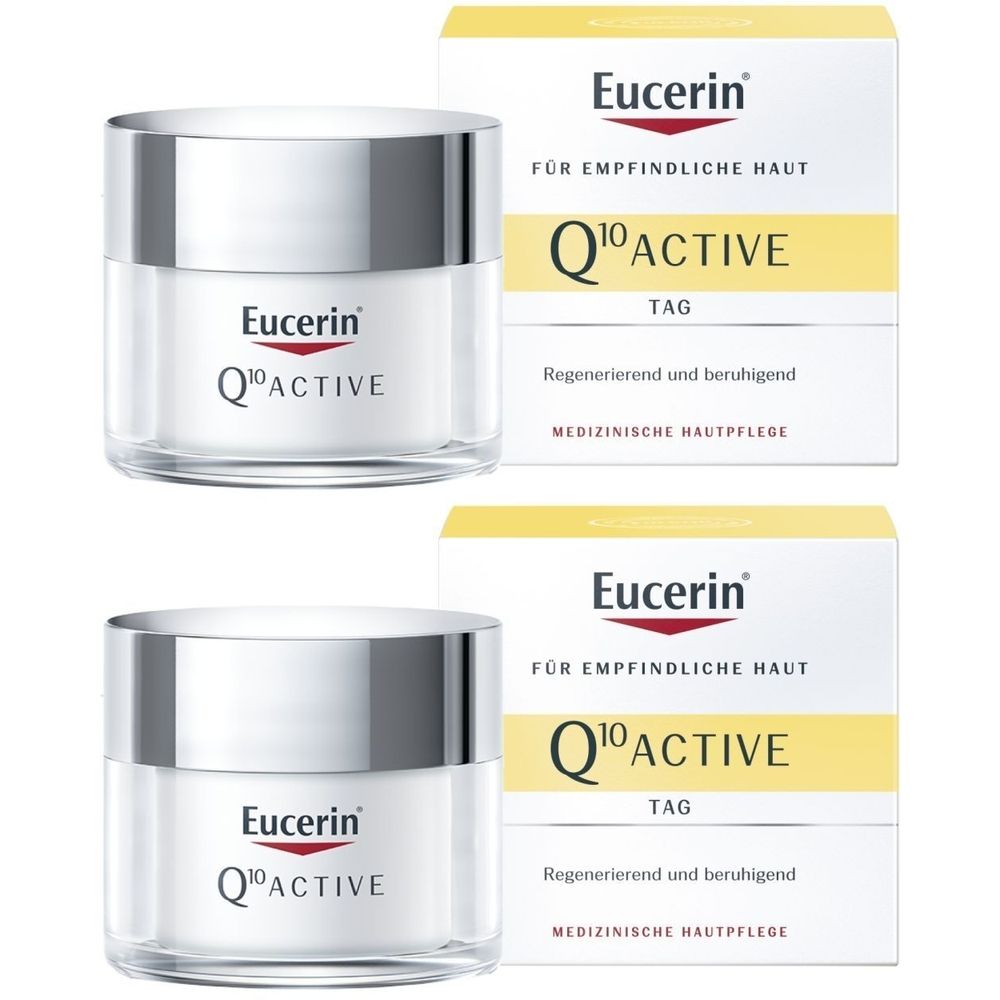 Zwei Tiegel und zwei Faltschachteln. Auf den Tiegeln steht Eucerin Q10 Active. Auf den Schachteln steht Eucerin Q10 Active Tag.