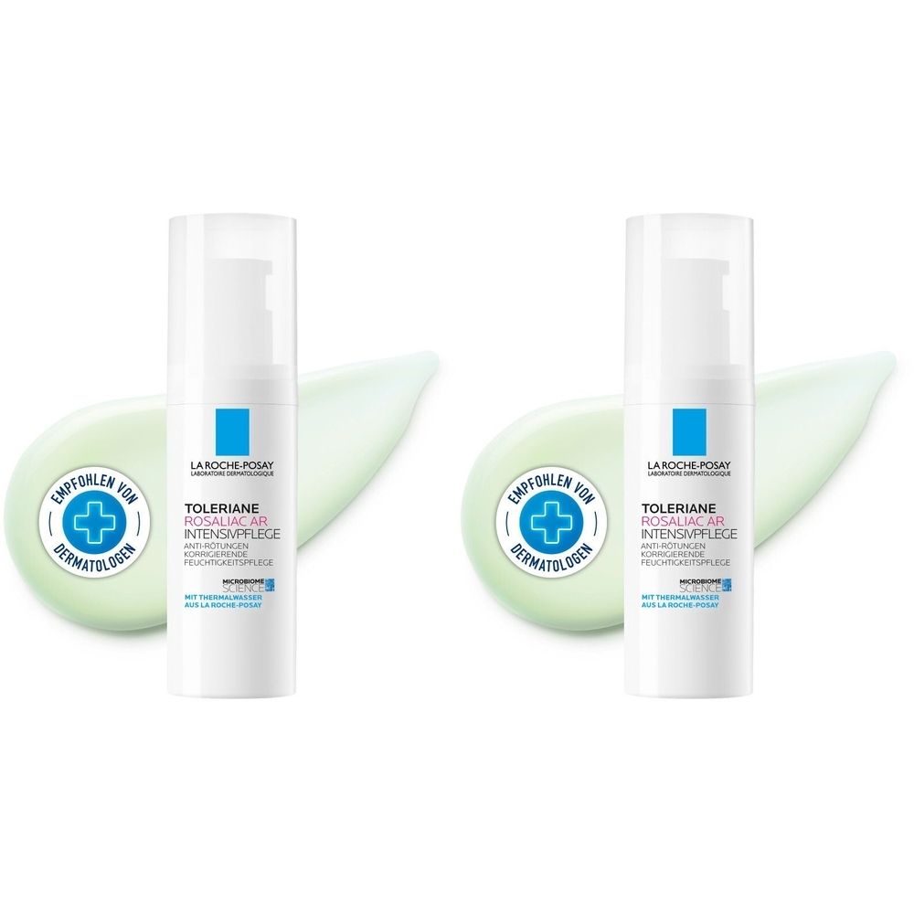 Zwei weiße Spenderflaschen mit blauem Logo und grüner Creme. Aufdruck: Toleriane Rosaliac Intensivpflege. Empfohlen von Dermatologen.