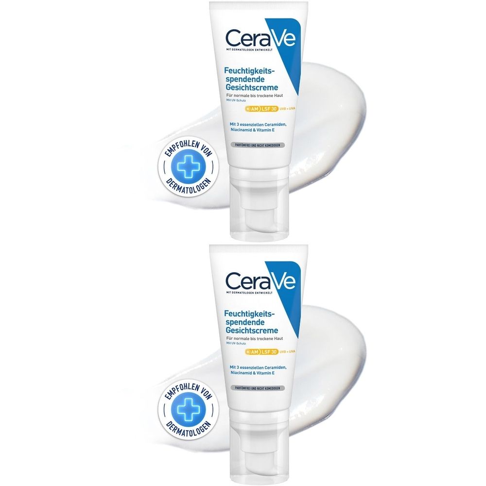 Zwei Tuben CeraVe Gesichtscreme mit LSF 30, weiß, blaue Akzente. Auf Creme-Klecks platziert. Dermatologen empfohlen.