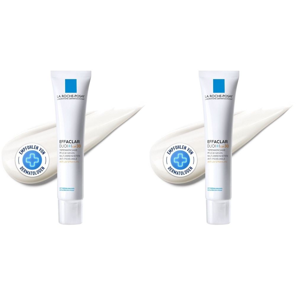 Zwei Tuben La Roche-Posay Effaclar Duo+ UV 30. Weiße Tuben mit blauer Kappe und Produktbezeichnung. Empfohlen von Dermatologen.