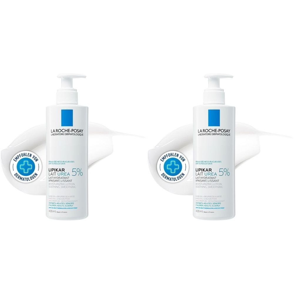 Zwei weiße Flaschen mit Pumpverschluss. Aufschrift: La Roche-Posay, Lipikar Lait Urea 5%. Logo: blaues Quadrat.