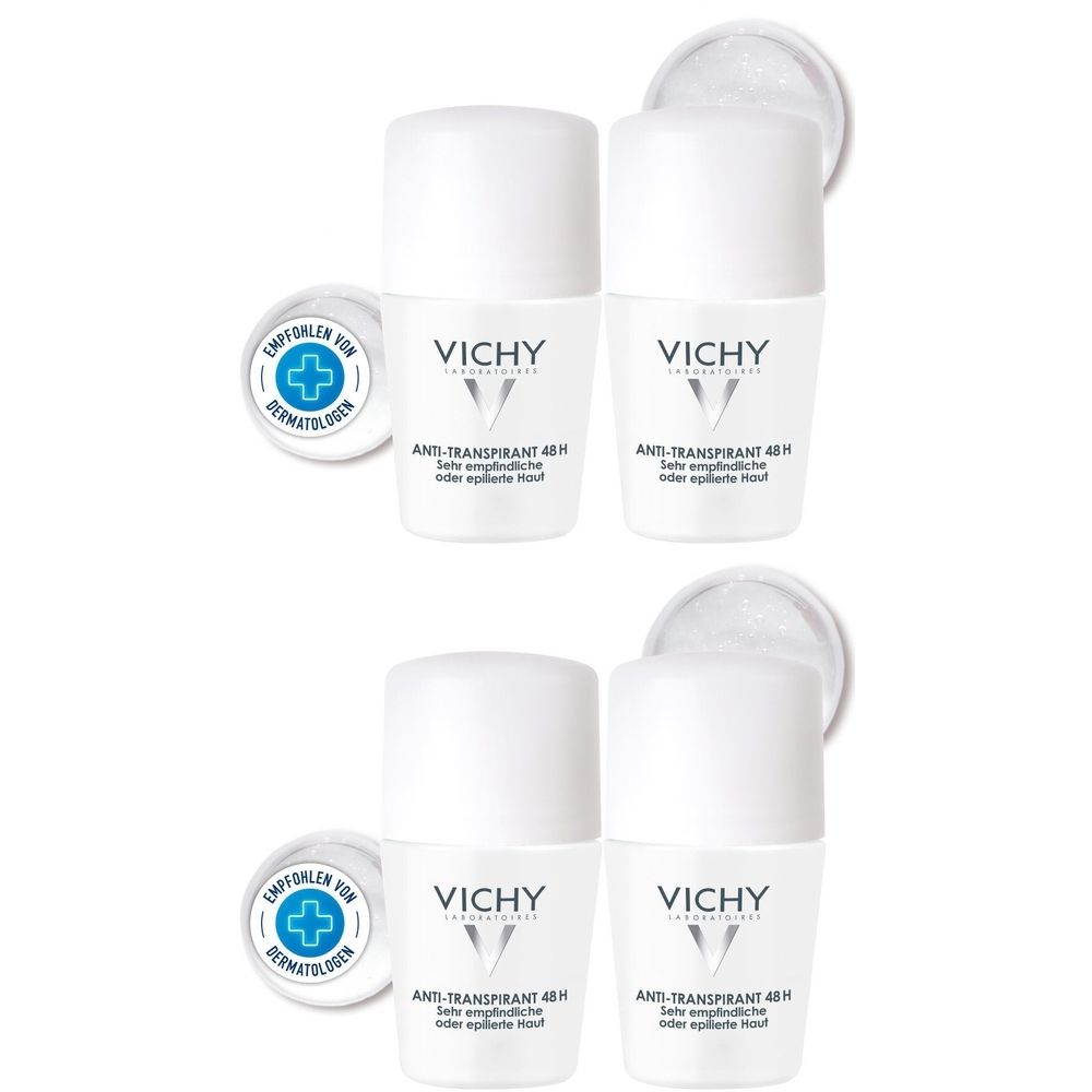 Mehrere weiße Roll-on-Deodorants. Aufschrift VICHY und Anti-Transpirant 48H. Logo mit Kreuz und Text: EMPFOHLEN VON DERMATOLOGEN.