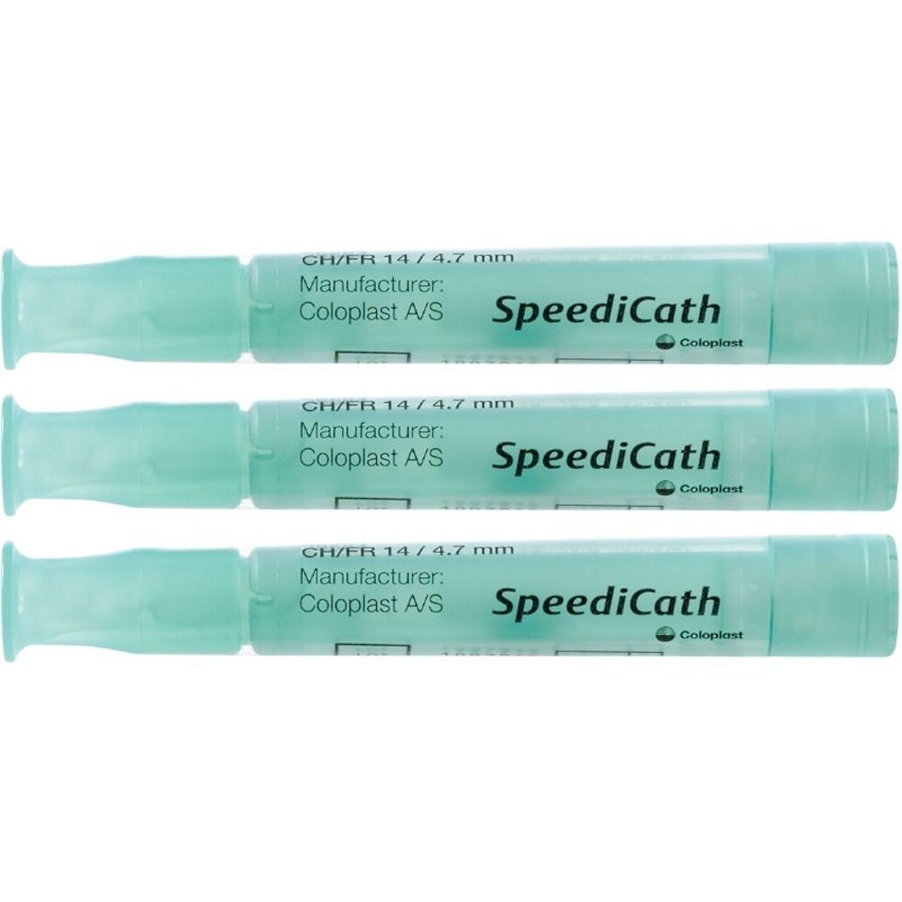 Drei grüne Katheter mit der Aufschrift SpeediCath. Aufgedruckt sind CH/FR 14/4.7 mm und Coloplast A/S.