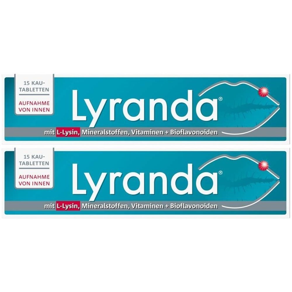 Zwei Packungen Lyranda. Türkisblaue Verpackung mit weißer Schrift. Enthält 15 Kautabletten. Aufschrift: L-Lysin, Mineralstoffe, Vitamine + Bioflavonoide.