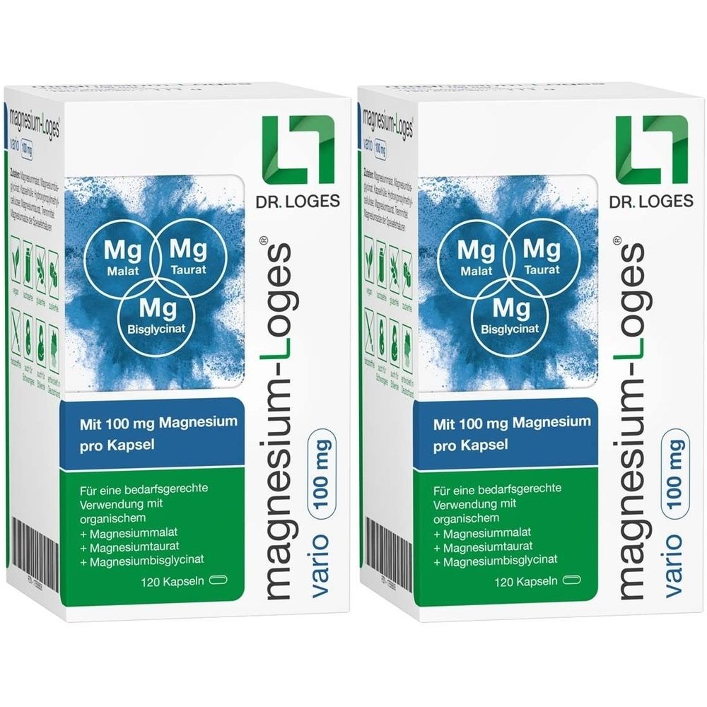 Zwei Schachteln Magnesium-Loges vario 100 mg. Aufschrift: Mit 100 mg Magnesium pro Kapsel. Enthält Magnesiummalat, -taurat, -bisglycinat. 120 Kapseln.