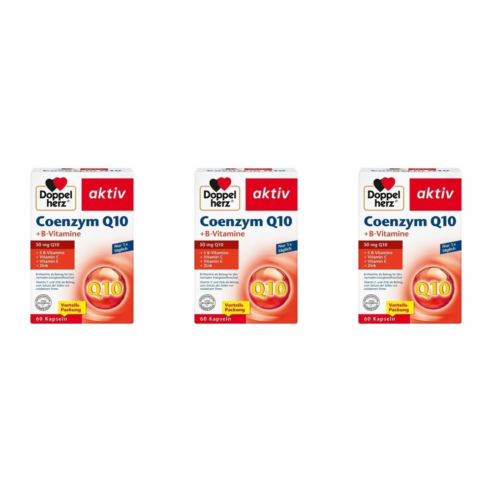 Drei Schachteln Doppelherz aktiv Coenzym Q10. Aufschrift: Coenzym Q10 + B-Vitamine. 60 Kapseln. Orangefarbenes Design mit Q10-Symbol.