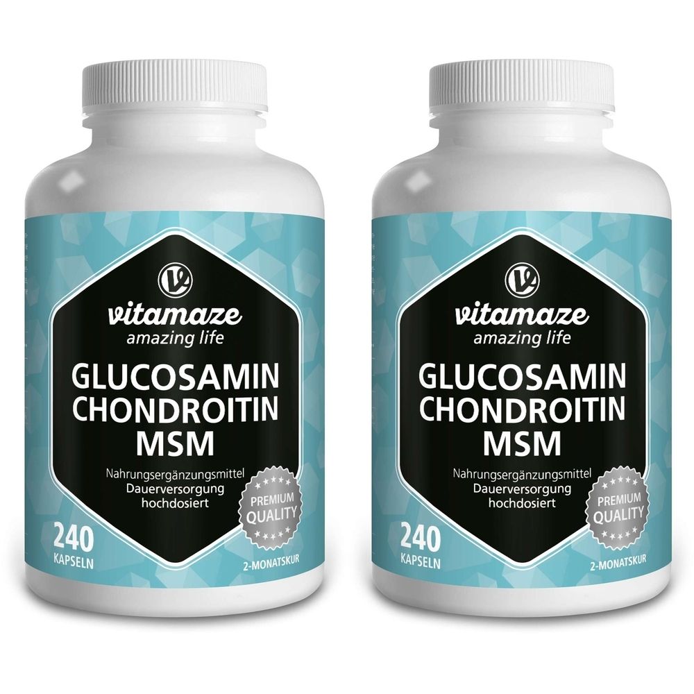 Zwei weiße Flaschen mit blauen Etiketten. Auf den Etiketten steht "GLUCOSAMIN CHONDROITIN MSM" und "240 Kapseln".