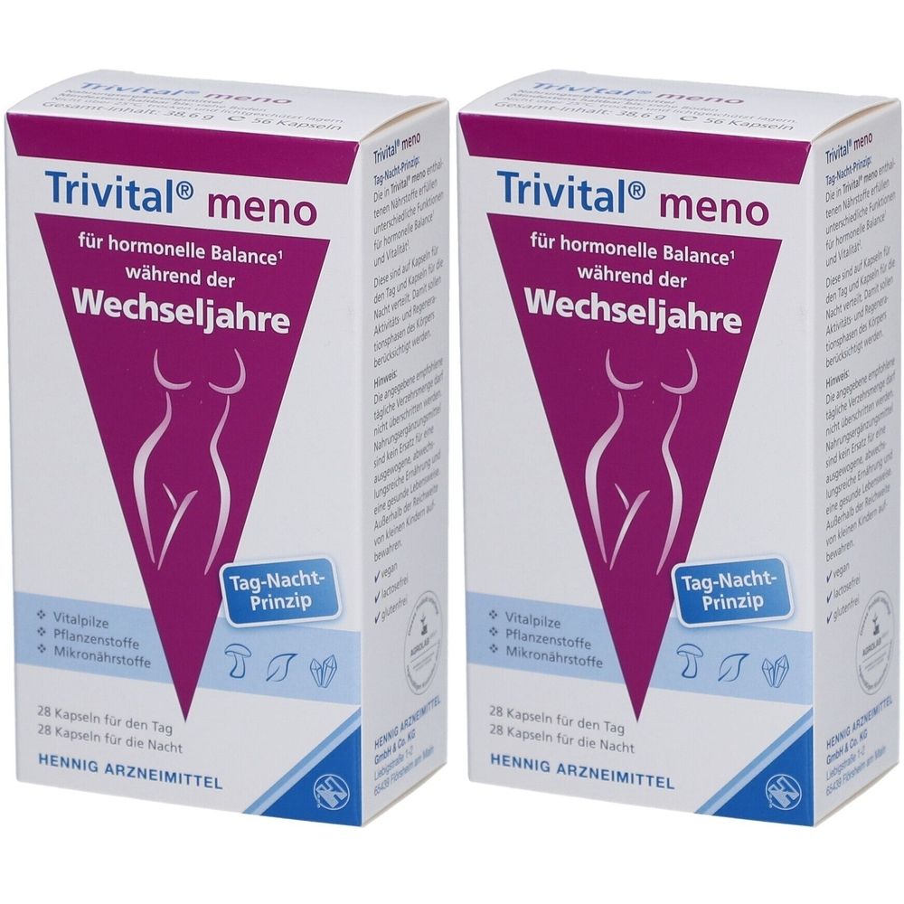 Zwei weiße Kartons mit lila Akzenten. Aufschrift: Trivital meno, für hormonelle Balance während der Wechseljahre. Tag-Nacht-Prinzip.