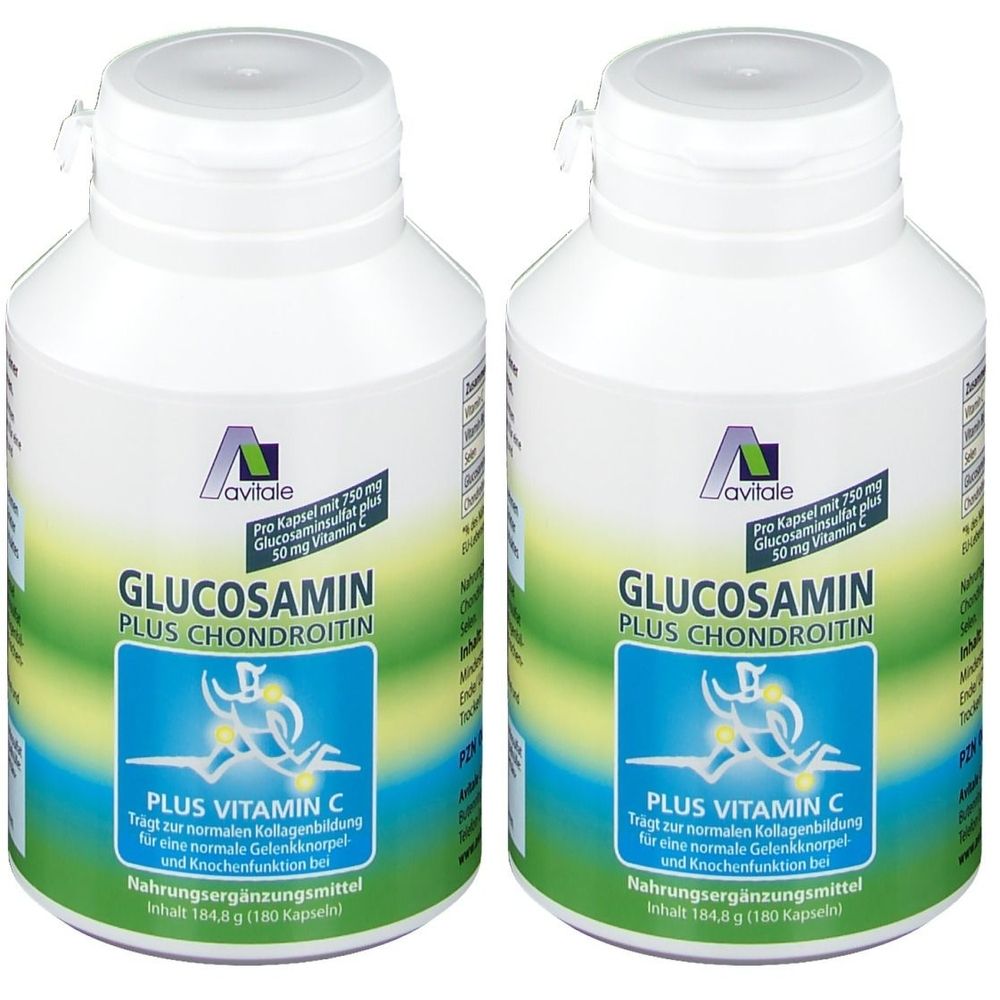 Zwei weiße Flaschen mit Etiketten. Aufschrift: Avitale Glucosamin Plus Chondroitin, Plus Vitamin C. Nahrungsergänzungsmittel.