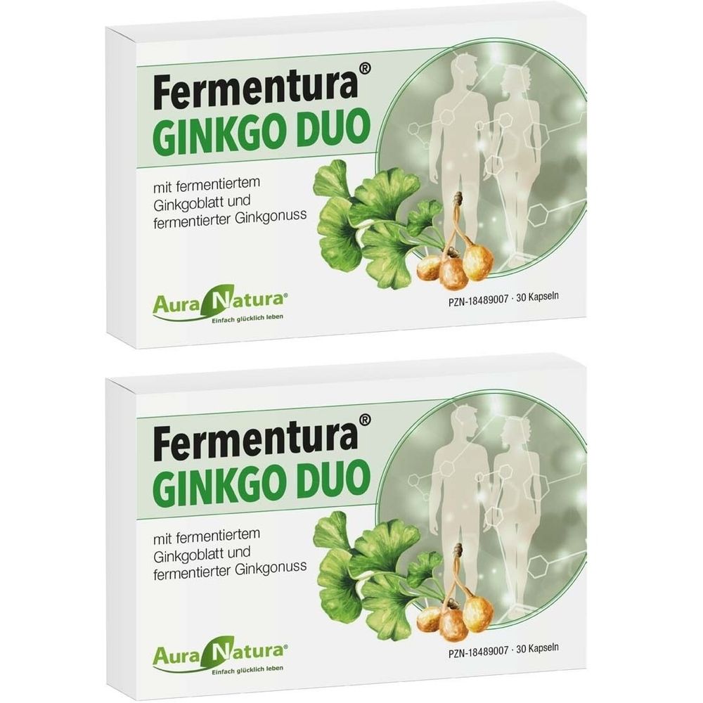 Zwei weiße Schachteln mit Produktnamen und Ginkgo-Blatt-Illustration. Text: Fermentura® GINKGO DUO, Aura Natura.