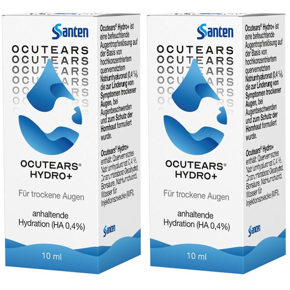 Zwei Schachteln mit Produktnamen OCUTEARS HYDRO+. Blaue Tropfen-Grafik. Text: Für trockene Augen, anhaltende Hydration (HA 0,4%). 10 ml.