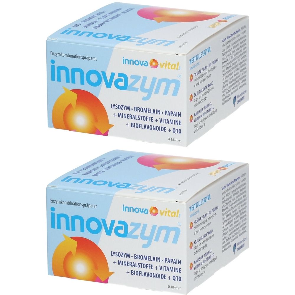 Zwei Schachteln mit der Aufschrift "innovazym". Blaue und weiße Verpackung mit Produktinformationen und Logo.