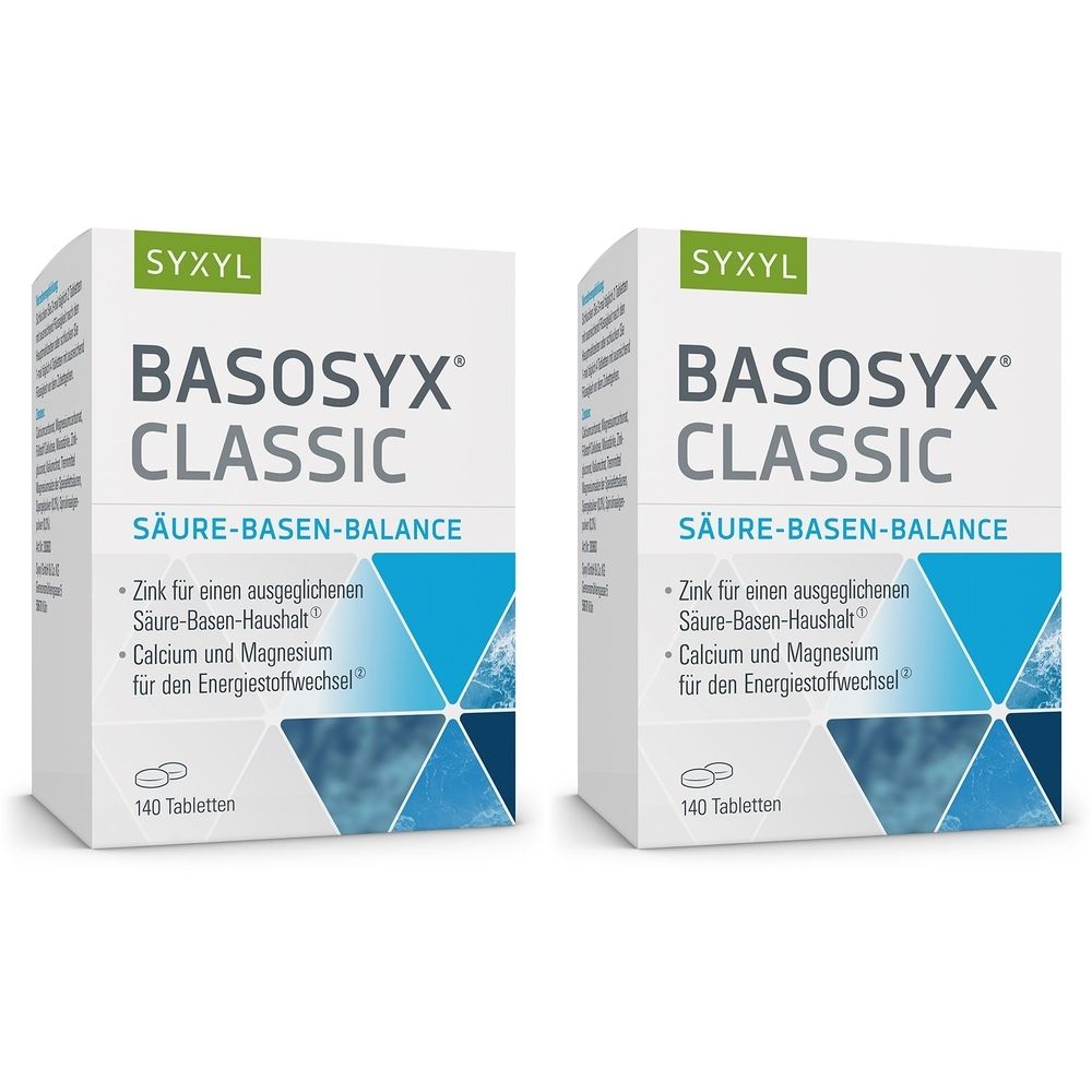 Zwei weiße Schachteln mit SYXYL BASOSYX® CLASSIC. Aufschrift: Säure-Basen-Balance. Enthält Zink, Calcium und Magnesium. 140 Tabletten.