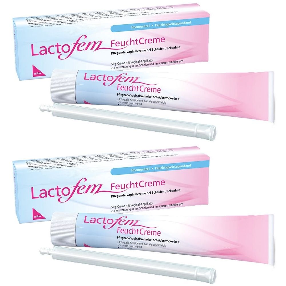 Zwei Packungen und Tuben Lactofem FeuchtCreme. Rosa Tube und Schachtel mit weißer Schrift. Inklusive Applikator.