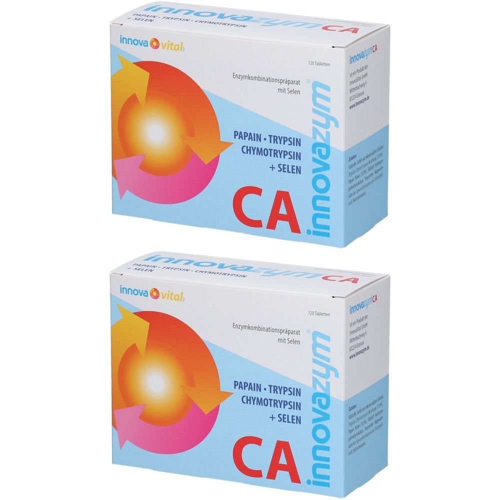 Zwei Schachteln innovazym® CA. Aufschrift: PAPAIN-TRYPSIN CHYMOTRYPSIN + SELEN. Logo: Innova vital. Blaue und weiße Verpackung.